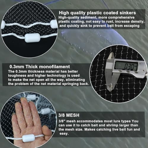 Drasry Saltwater Fishing Cast Net 3/8 and 1/4 Mesh with Heavy Duty Gray Sinker American Monofilament Fish Throw Net for Bait Trap 3FT 4FT 5FT 6FT 7FT 8FT 9FT Radius - size: 5FT Radius, style: 3/8 Mesh 1 Lb/Ft