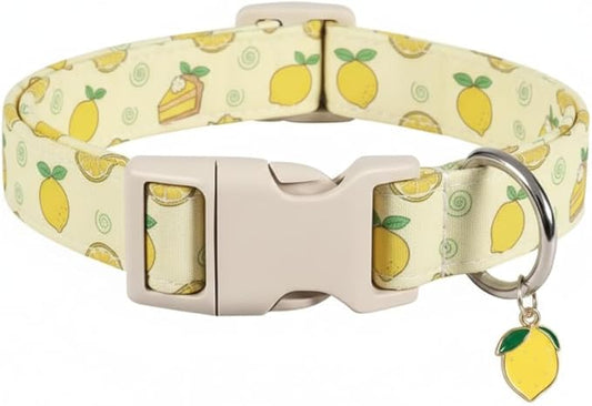 Dog Collar, Spring Summer Dog Collar with Yellow Lemon and Cute Charm, Pet Collar with Quick Release Buckle and Durable Fabric, Suitable for Medium Dogs