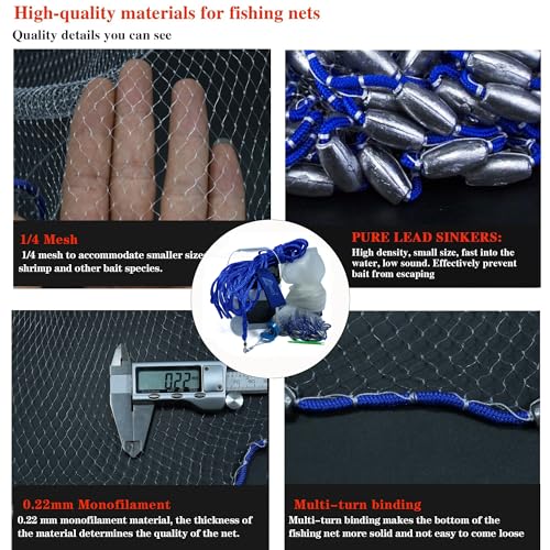 Drasry Saltwater Fishing Cast Net for Bait 3/8 1/4 or 1/2 with Heavy Sinkers Fish Trap Throw Net. Size 3ft/4ft/5ft/6ft/7ft/8ft/9ft/10ft Radius Freshwater Nets - size: 8FT (240cm) Radius, style: 1/4 Mesh Lead Sinkers-mono