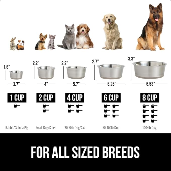 GORILLA GRIP Set of 2 Dog Bowls, Holds 6 Cups (48 fl oz), Heavy Duty Metal Food and Water Bowl for Feeding Dogs and Cats, Dishwasher Safe, Rust Resistant Stainless Steel, BPA Free Rubber Base, Beige