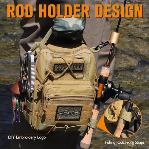 Dovesun Small Fishing Backpack, Waterproof Fly Fishing Sling Pack Tackle Bag with Tackle Boxes - color: D-Size:17.7*8.5*5.7in-Khaki(NO TACKLE BOX)