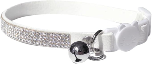 Rhinestone Cat Collar Breakaway Safety Buckle with Bell, Adjustable Diamond Girl Boy Kitty Cute Comfy Collar for Kitten Small Pets Rabbits, 7.5"-11" White
