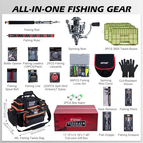 Goture Fishing Rod and Reel Combos,1.8M-2.7M Telescopic Fishing Pole Spinning Reel Line Lures Set with Carrier Bag,Telescopic Rod Kit for Starter Travel Saltwater Freshwater Gear Gift - color: E1:Fishing Full Kit with Tackle Bag, size: 9 ft/2.7 m
