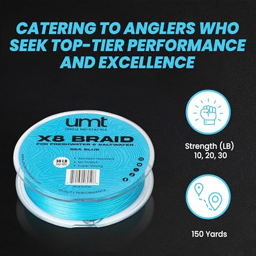 UMT Super Braid 150 Yards PE 8 Strand Fishing Line - High Strength, Available in 10lb 20Ib & 30Ib Moss Green and Sea Blue Options Pro Grade Zero Stretch Super Strong - Uncle Mo's Tackle - color: Sea Blue, size: 10LB, 150 Yards
