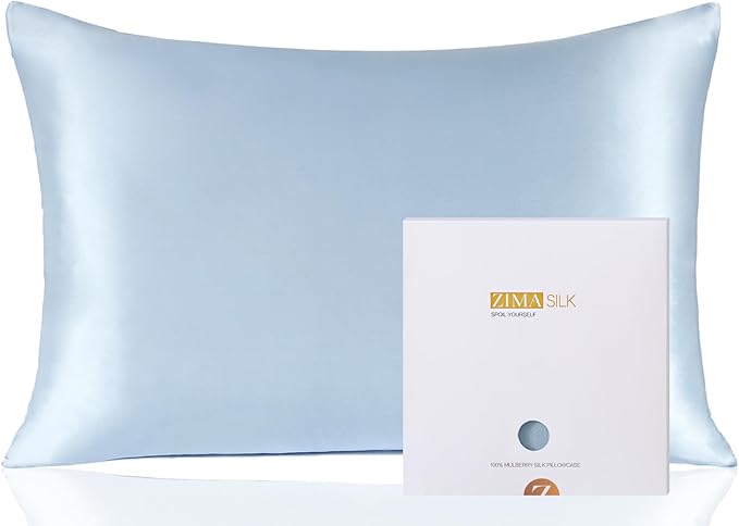 ZIMASILK 100% Pure Mulberry Silk Pillowcase for Hair and Skin Health,Soft and Smooth,Both Sides Premium Grade 6A Silk,600 Thread Count,with Hidden Zipper,1pc(Standard 20''x26'',Light Blue)