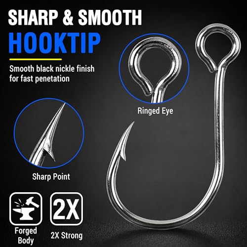 Inline Single Hooks, 80pcs Single Replacement Hooks for Hard Lure Baits Inline Circle Hooks Large Eye Fishing Lure Hooks for Treble Hook Replacement Saltwater Freshwater - size: 1/0-80pcs