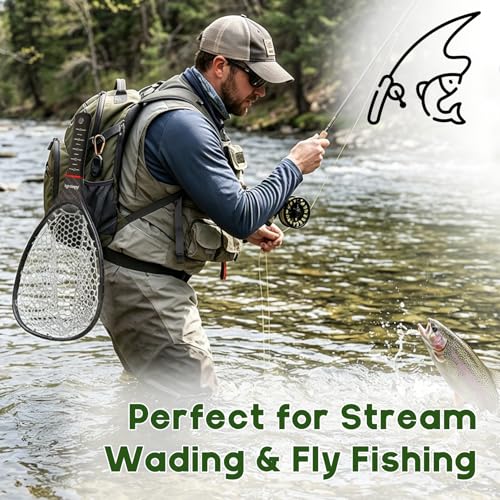 Riverruns Fly Fishing Landing Net Carbon Fiber Trout Net with Measurement Handle, Soft Rubber Mesh - 26" Standard (Wading) / 37" Long (Kayak) - color: 26" Wading Net (Standard) - Green Carbon