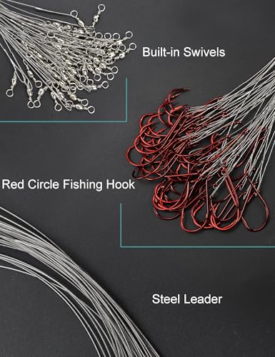 Avlcoaky Fishing Hooks with Steel Wire Leader, 50pcs Octopus Catfish Hooks Pre-Rigged Anti-Bite Stainless Steel Trace for Toothy Fish, Saltwater High Carbon Steel Circle Trout Hooks for Shark, Walleye - color: 1/0, 50pcs
