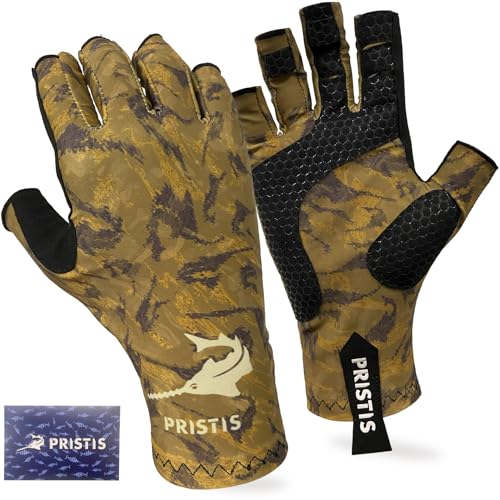 Pristis Half-Finger Fishing Gloves, UPF 50+ Breathable Quick Drying Fingerless Sun Gloves for Women Men, Fly Fishing Hunting Paddling Sailing Kayaking Hiking Canoeing Cycling - color: Canyon CAMO, size: S - M