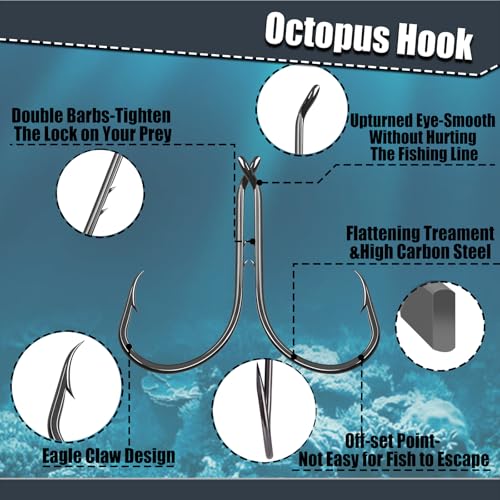 9KM DWLIFE Octopus Fishing Hooks, Double Barbed High Carbon Steel Hooks | Corrosion-Resistant Baitholder Circle Hooks with Sharp Points for Bass, Catfish, Walleye, Trout and Saltwater Fishing - size: 4#-100pcs