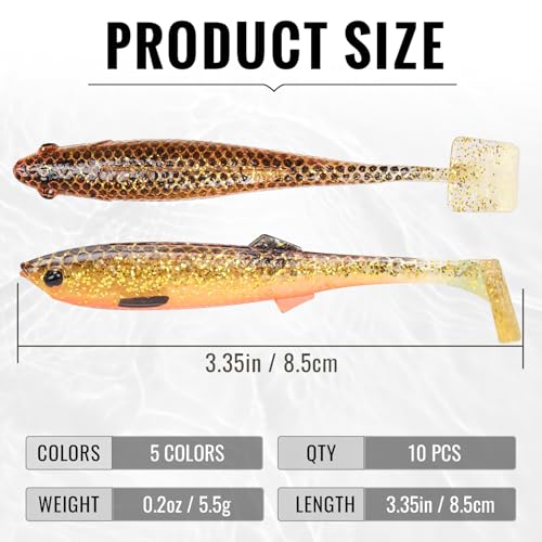 TRUSCEND Shadtale Easy Catch Soft Fishing Lures, Unique Vibration and Action for Various Rigs, Paddle Tail Swimbaits Trailer for Bass, Trout, Crappie, Walleye, Redfish, Saltwater & Freshwater Fishing - color: I-3.35",0.2oz,10pcs