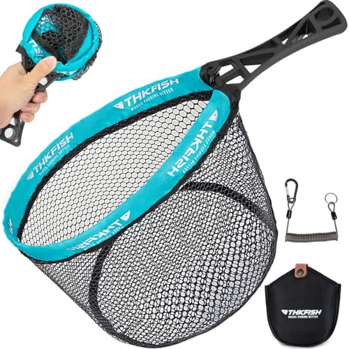 THKFISH Fly Fishing Landing Net, Foldable Landing Trout Net with ABS Handle,Rubber Coated Mesh Trout Net with Tackle Bag for Trout Bass Catch and Release, Portable Fly Fishing Gear,M/L - size: L-BLUE