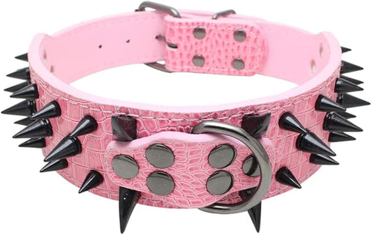Serijoars Spiked Studded Dog Collar, PU Leather Dog Collar, Adjustable Pet Collars for Medium or Large Breed Pet (L, Pink3)