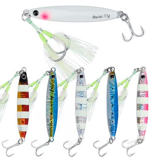 Saltwater Fishing Lures Metal Jigs Vertical Jigging Lure with Treble & Double Assist Hooks, 35-100g 6 pack Laser Glow Spoon Speed Sinking Slow Pitching Jig Offshore Targeting Tuna Mahi-Mahi Yellowtail - size: 35g/1.23oz