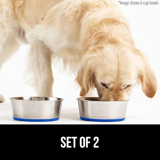 GORILLA GRIP Dog Bowls, Holds 2 Cups Each (16 fl oz), Heavy Duty Stainless Steel Food and Water Bowl for Feeding Dogs and Cats, Dishwasher Safe, Rust Resistant, BPA Free Rubber Base, Set of 2 Blue