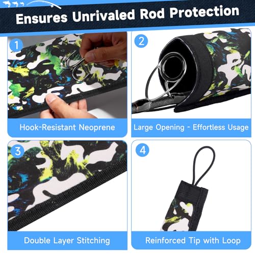Neoprene Fishing Rod Sleeves for Casting, Spinning, Trolling Pole - Protective Cover Rod Sock with Hanging Loop & Lanyard- Floating, Puncture Resistant, Lightproof - size: 65", style: 4 Pcs
