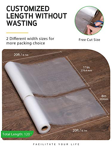 Syntus Vacuum Sealer Bags, 6 Pack 3 Rolls 11" x 20' and 3 Rolls 8" x 20' Commercial Grade BPA Free Bag Rolls, Food Vac Bags for Storage, Meal Prep or Sous Vide