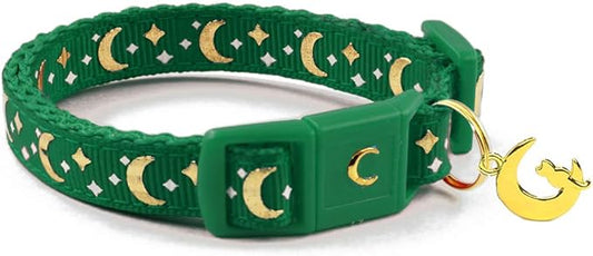 waaag Cat Collars, Gold Moons and Stars Cat Collar, Safety Breakaway Cat Collar, Glow in The Dark (Standard 9"-15" Neck, Emerald)