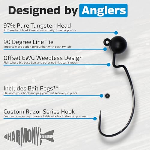 Harmony Fishing - Tungsten Offset Weedless Ned Rig Jigheads (5 Pack) - size: 1/4oz (5 Pack)