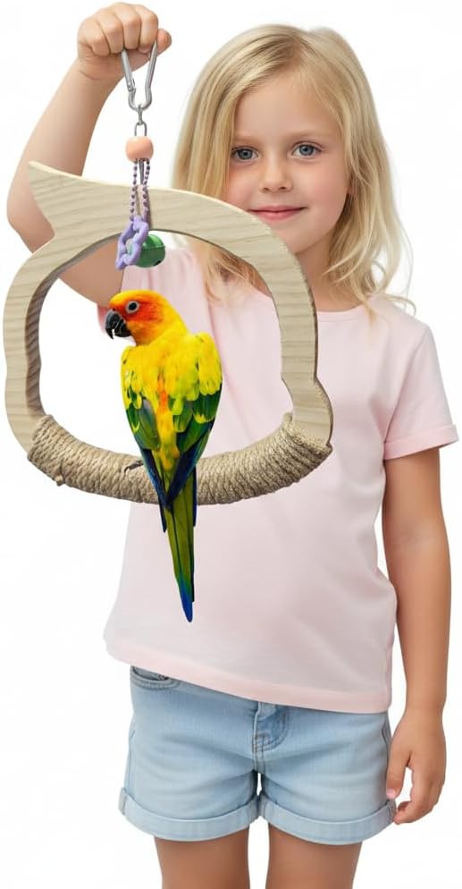 Wooden Bird Swing Perch Toy for Small and Medium Parrots, Natural Wood Ring with Bell and Rope Wrap, Hanging Cage Toy for Cockatiels, Budgies, Lovebirds, Conures