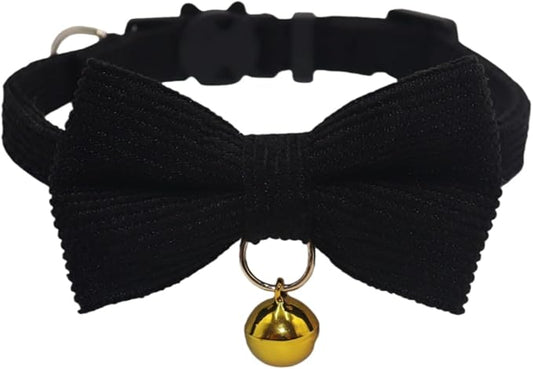 THAIN Cat Collar with Bow Tie and Bell, Breakaway Adjustable Cute Soft Corduroy Kitten Collars Safety Buckle for boy Cats(Solid Black)