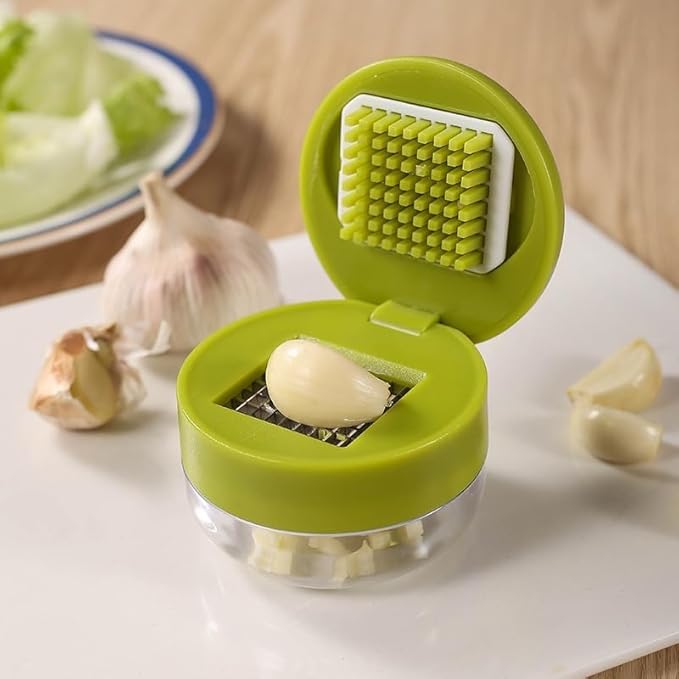 Mini Garlic Chopper and Press with Container, Emptycolor Manual Garlic Mincer Crusher Cutter Grinder, Stainless Steel Blades, Handheld Garlic Slicer Dicer Zoom Tool – Green