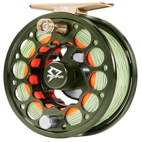 Piscifun Sword Fly Fishing Reel, CNC-Machined Aluminum Alloy Fly Reel - size: 7/8wt, style: Olive Green-with Line