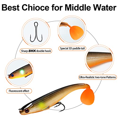 TRUSCEND Shadtale Easy Catch Soft Fishing Lures, Unique Vibration and Action for Various Rigs, Paddle Tail Swimbaits Trailer for Bass, Trout, Crappie, Walleye, Redfish, Saltwater & Freshwater Fishing - color: A1-5",3/4oz