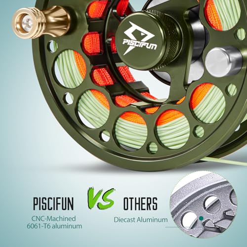 Piscifun Sword Fly Fishing Reel, CNC-Machined Aluminum Alloy Fly Reel - size: 7/8wt, style: Olive Green-with Line