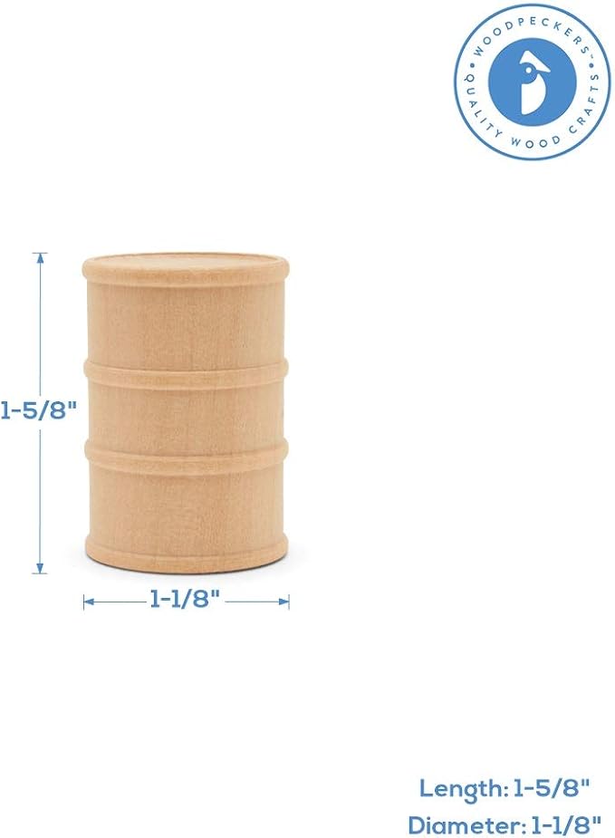 Wooden Oil Drums 1-5/8 Inch, Pack of 10, Small Unfinished Cargo Barrel, Perfect for Miniatures, Scale Models, Train Making or Woodworking Craft Projects, by Woodpeckers