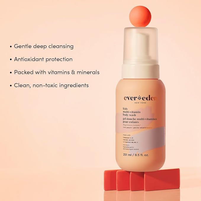 Evereden Multi-Vitamin Kids Body Wash Cool Peach: Gentle Body Wash Sensitive Skin Nourishment & Hydration Formula | Clean Non-Toxic for Kids | 8.5 fl oz.