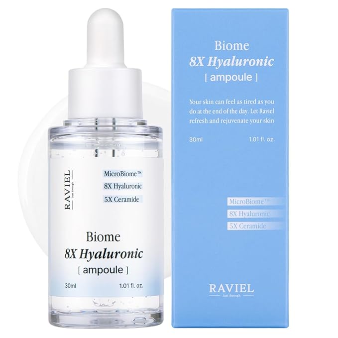 RAVIEL Biome 8X Hyaluronic Ampoule – Intensive Hydration & Pore Care Serum with 5X Ceramide for Dehydrated, Sensitive Skin, Korean Skincare, 30ml 1.01 fl oz