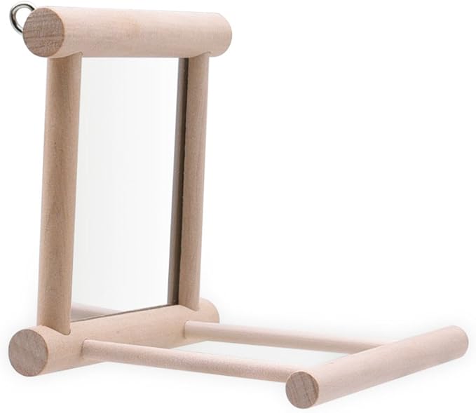 HANZE Bird Mirror Swing with Rattan Ball | Natural Wood Parrot Toy with Metal Hooks for Macaws, Cockatiels, Parakeets, Lovebirds | Safe Chewing & Mental Stimulation