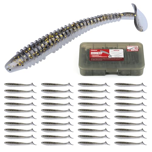 Paddle Tail Swimbaits 100/80/50PCS, 5/4/3/2 inch Soft Fishing Lures Bulk Pack – Durable Lifelike Action Lures for Bass, Trout, Crappie – Freshwater & Saltwater Fishing Gifts - color: Black-Gold, size: 4in, 80pcs