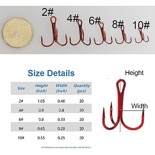 20pc/Box Fishing Treble Hooks Set High Carbon Steel Fishing Hooks Classic Round Bend Hook 2# 4# 6# 8# 10# - color: Red, size: 8#-20pcs