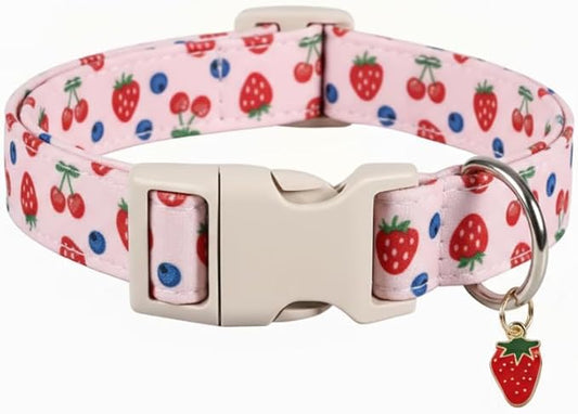 Pink Dog Collar, Girl Dog Collar for Small Dogs, Spring Summer Puppy Collar with Cute Strawberry, Cherry and Blueberry Print, Soft Adjustable Collars for Girls Boys Dogs, S