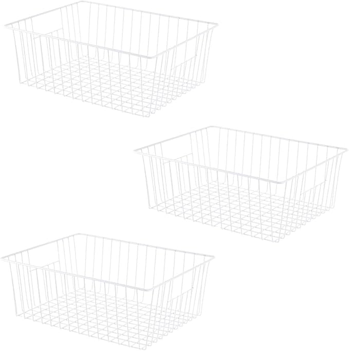 16" L x 12" W Wider Freezer Storage Organizer Baskets Container, Metal Wire Chest Upright Refrigerator Divider Bins with Built-in Handles for Cabinet, Pantry, Closet, Kitchen（3 Pack）