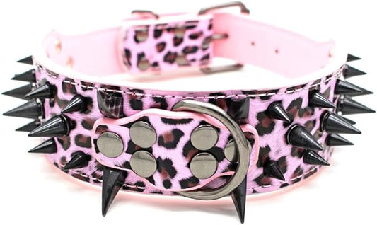 Serijoars Spiked Studded Dog Collar, PU Leather Dog Collar, Adjustable Pet Collars for Medium or Large Breed Pet (L, Leopard3)