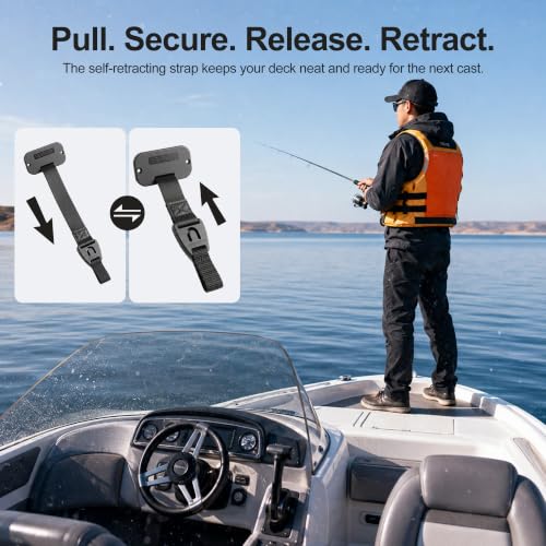 Retractable Rod Straps for Fishing Rods, Gunwale/Deck Mount Self-Retracting Tie-Down Straps, F14200 Rod Saver Strap Fishing Rod Holder, Fishing Pole Holders for Boat Deck, Black - color: 1 PACK