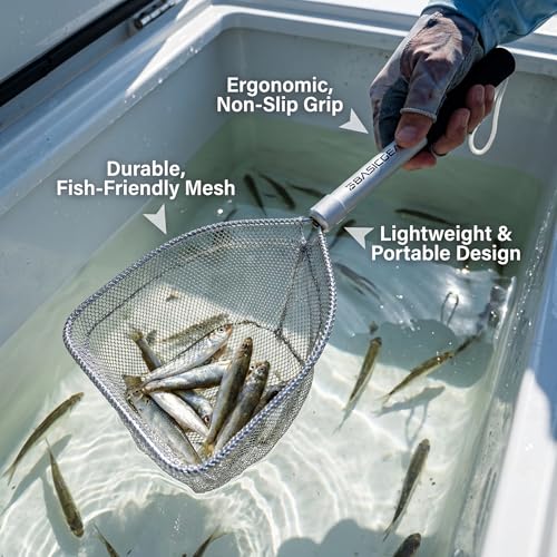 BasicGear Compact Baitwell Net for Live Bait – Soft Nylon Mesh, Aluminum Frame, EVA Non-Slip Grip & Anti-Drop Rope - size: Small + Medium