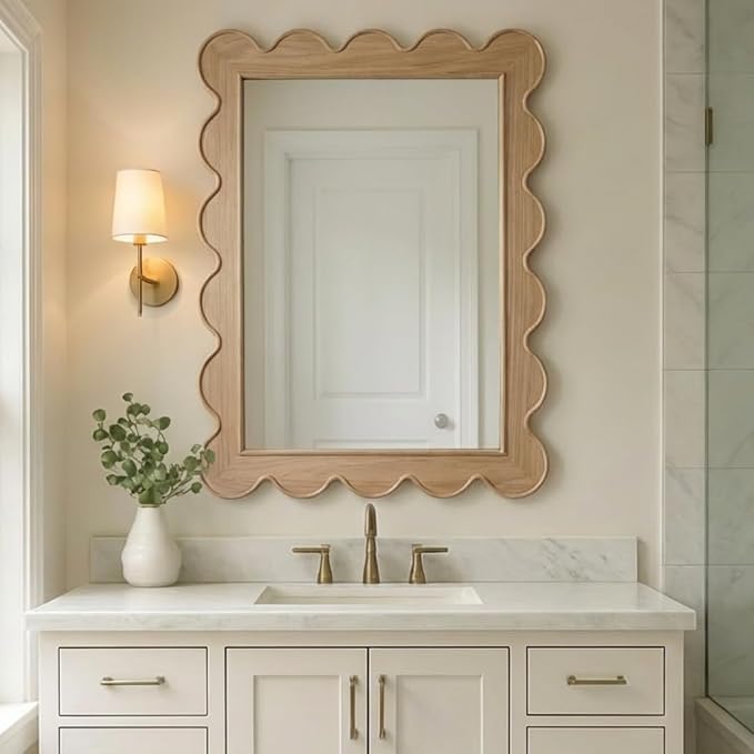 CAALMA Scalloped Wall Mirror 24 x 36 Rectangular, Bathroom Mirror, Mirrors