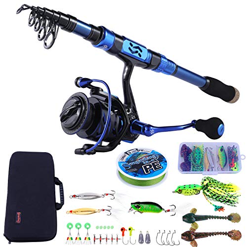 Sougayilang Fishing Rod and Reel Set Carbon Fiber Telescopic Fishing Rod 12+1BB Spinning Reel with Carry Case for Saltwater Freshwater - color: blue, size: 5.91 ft - 2000