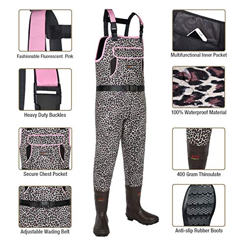 HISEA Women Waders Waterproof 400G Insulated Neoprene Chest Wader for Women - color: Pink Leopard, size: 9