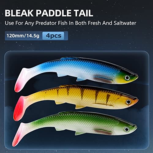 ZHENGYI 4pcs Paddle Tail 14.5g 120mm Fishing Soft Lures 3D Eyes T Tail Artificial Bait Plastic Pike Fishing Lures - color: G