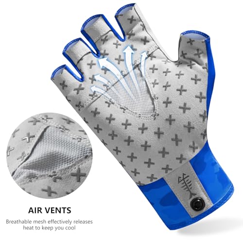 BASSDASH Unisex UPF 50+ Half Finger Sun Gloves Fingerless Breathable UV Protection for Fishing Hiking Kayaking Rowing FG02 - color: Blue Camo/Catfish, size: Large