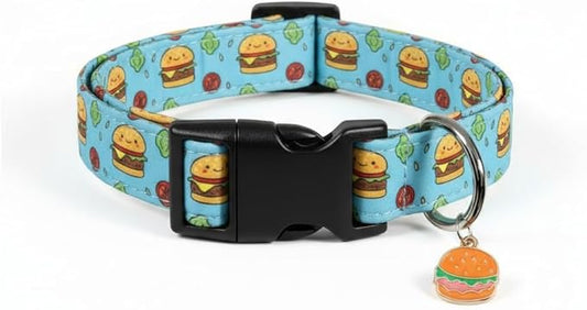 Cute Dog Collar, Blue Dog Collar with Burger Pattern and Cute Charm, Puppy Collar with Quick Release Buckle and Durable Fabric, Suitable for Small Dogs