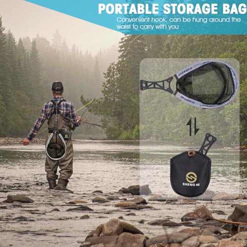 THKFISH Fly Fishing Landing Net, Foldable Landing Trout Net with ABS Handle,Rubber Coated Mesh Trout Net with Tackle Bag for Trout Bass Catch and Release, Portable Fly Fishing Gear,M/L - size: M-GREY