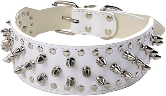 Serijoars Spiked Studded Dog Collar, PU Leather Dog Collar, Adjustable Pet Collars for Medium or Large Breed Pet (M, White)