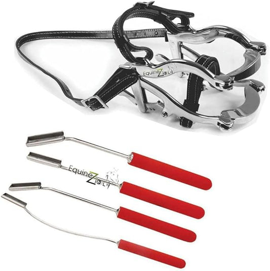 Equine Dental 4000 Speculum Horse Mouth Gag with Leather Straps and 4-Piece Professional Teeth Float Set – Stainless Steel Veterinary Dental Instruments Kit with Foamy Grip for Horses