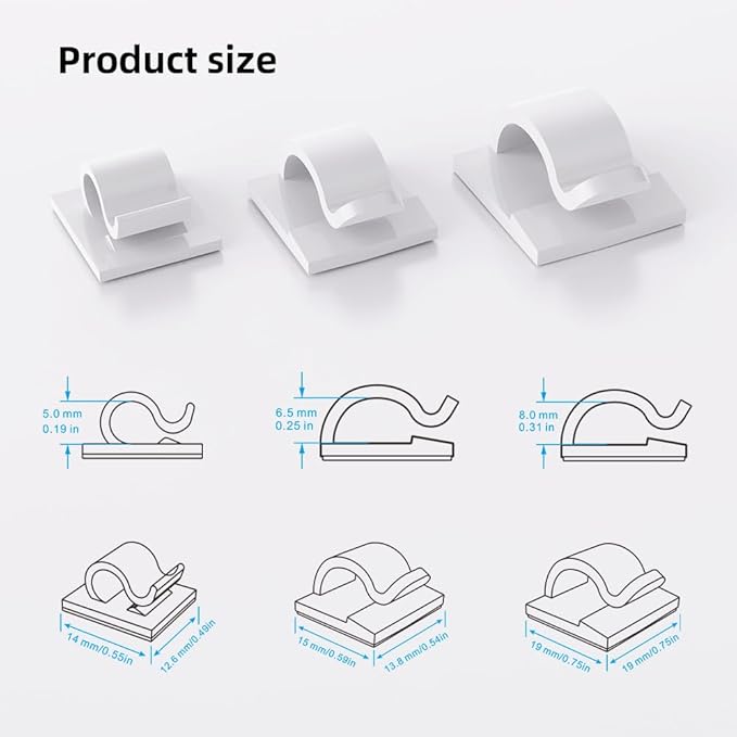 100 PCS White Adhesive Cable Clips Cord Organizer (Small, Medium,Large),Wire Holder for Cable Management, Outdoor Light Clips Light Hooks for LED String,Car Dash Cam, Extension Cord (White)